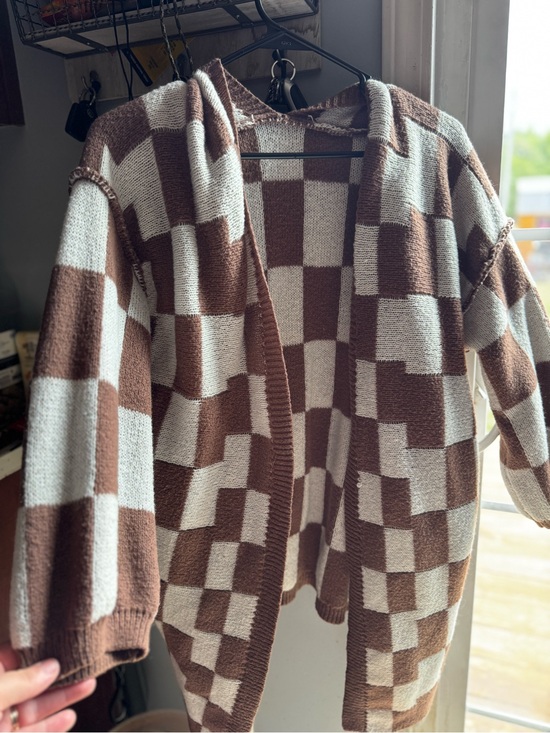 Sweaters - Cozy Checkerboard Open-Front Cardigan Sweater - Brown & Cream